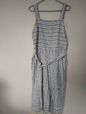 Gap Wide-leg Linen-blend Jumpsuit Size L/M Blue White Striped  Tie-waist